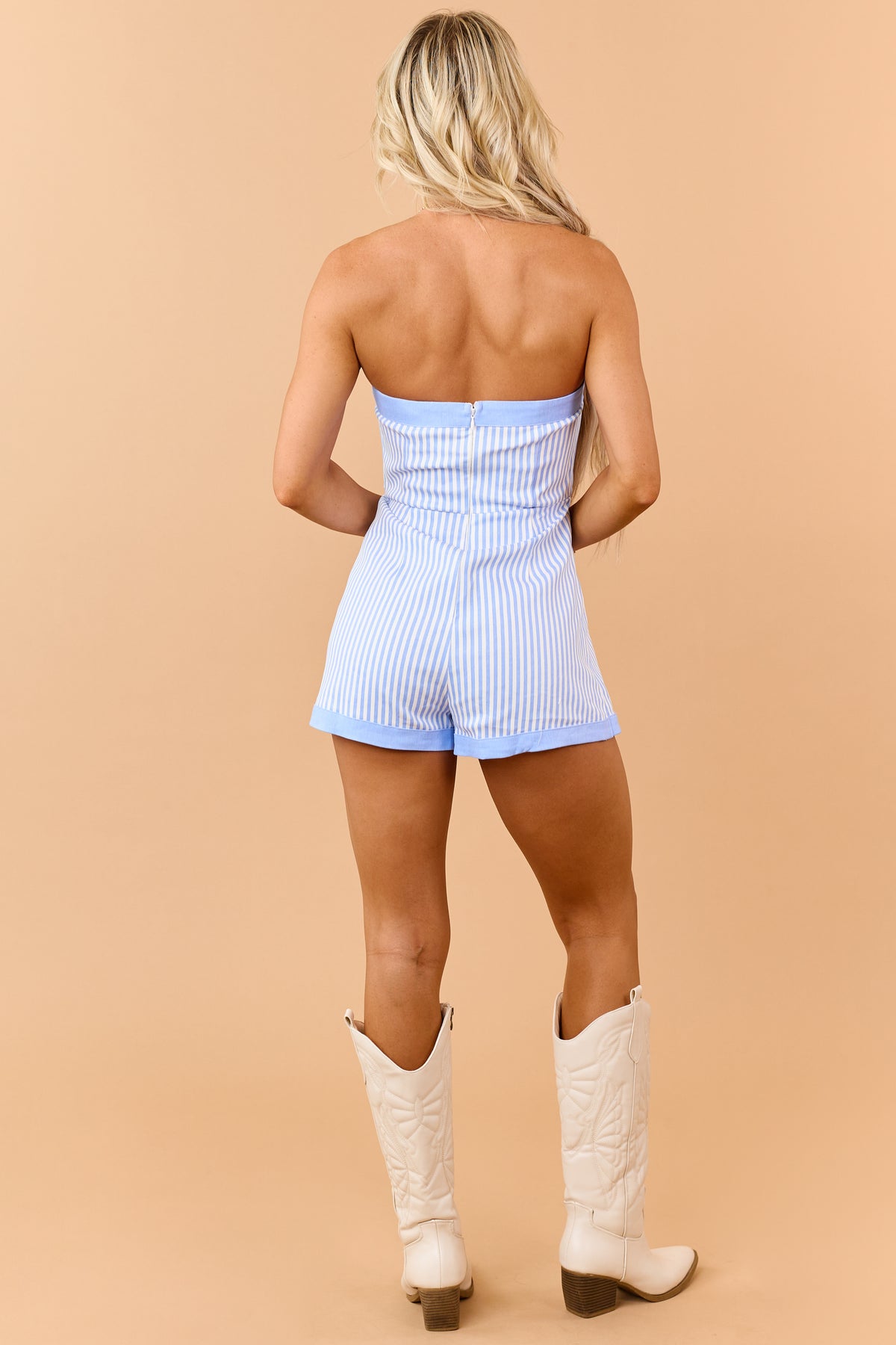 Cornflower Striped Denim Wrap Around Romper