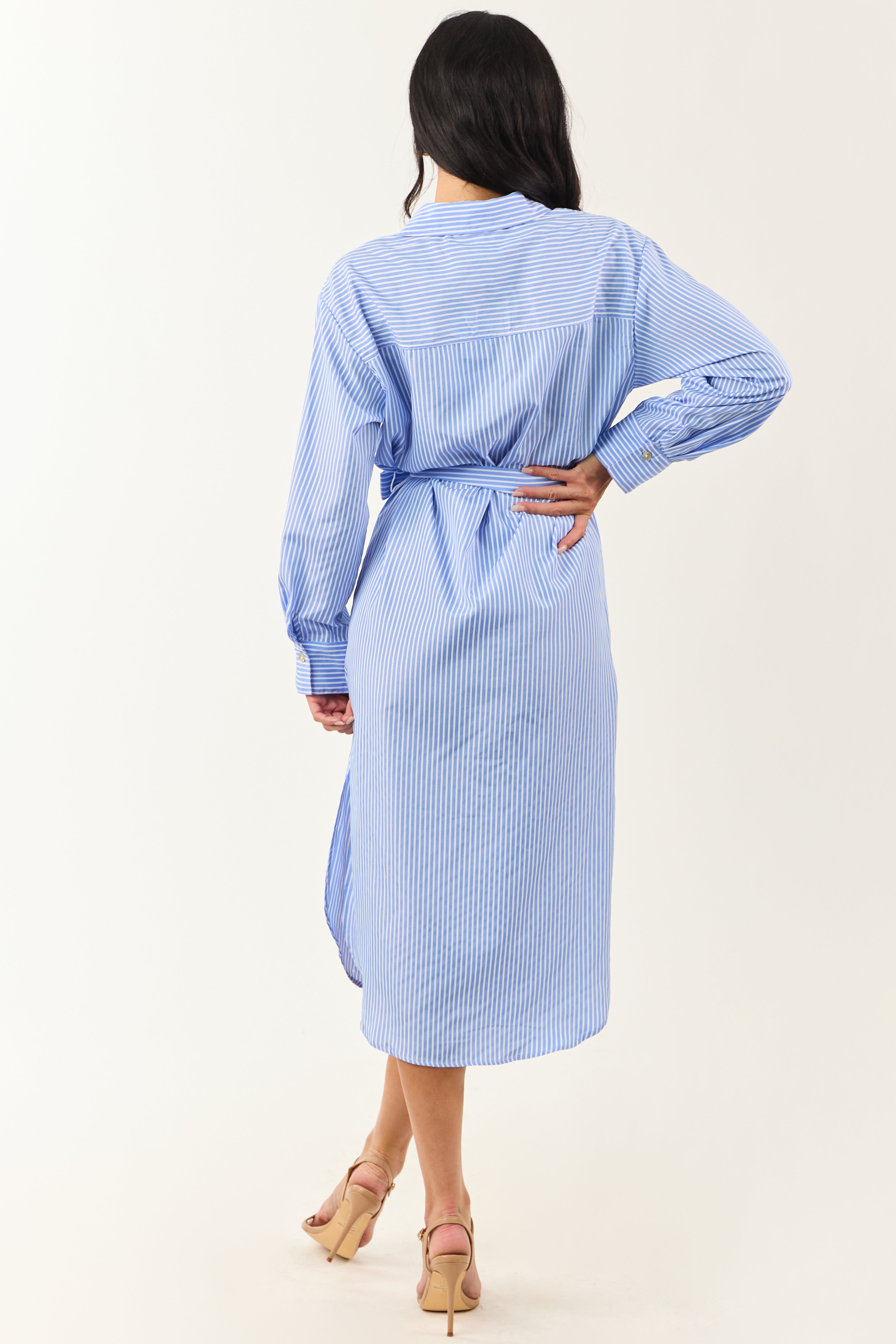 Cornflower and Ivory Striped Button Up Midi Dress
