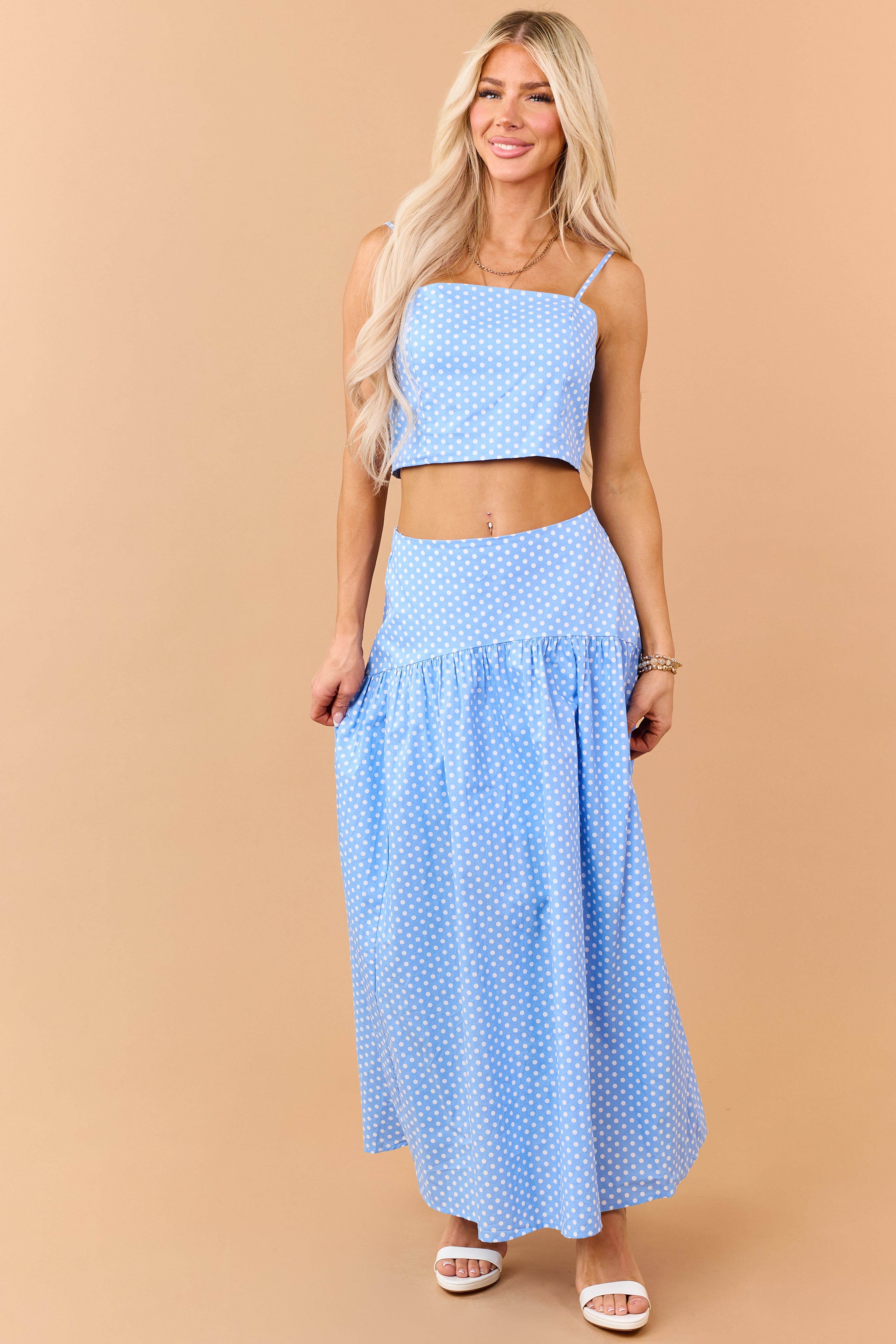 Cornflower and White Polka Dot Cotton Crop Cami Top | Lime Lush