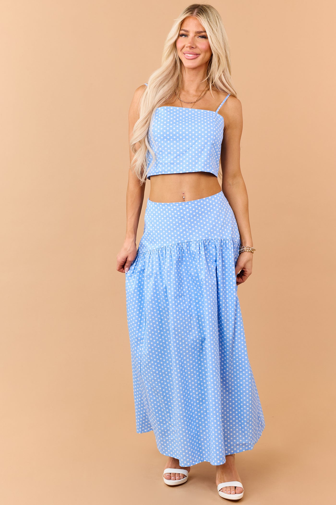 Cornflower and White Polka Dot Cotton Crop Cami Top