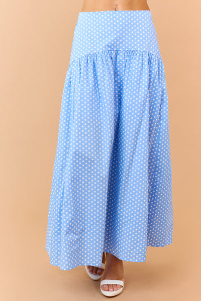 Cornflower and White Polka Dot Cotton Maxi Skirt