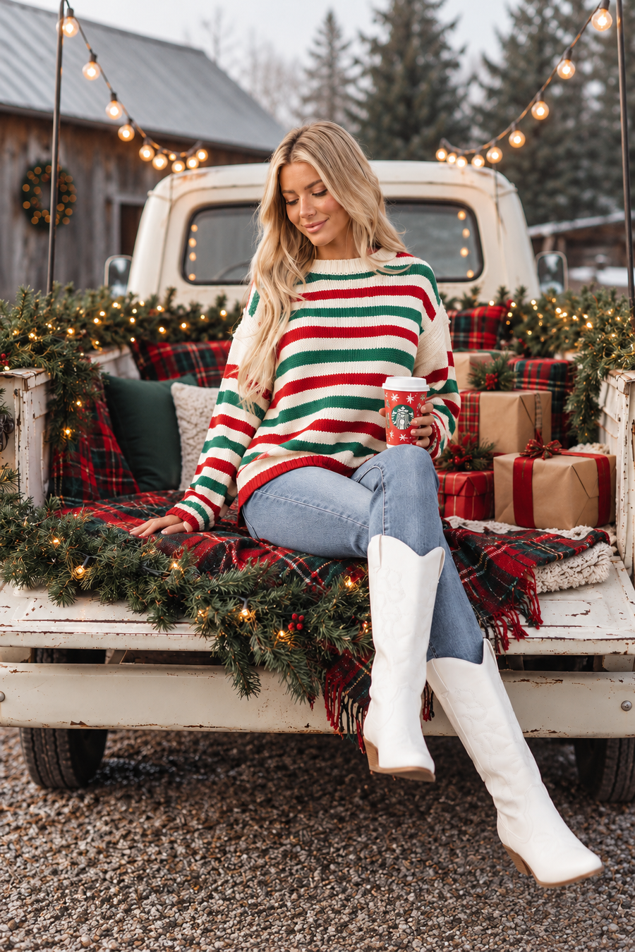 Cream Holiday Striped Ribbed Trim Pullover Sweater