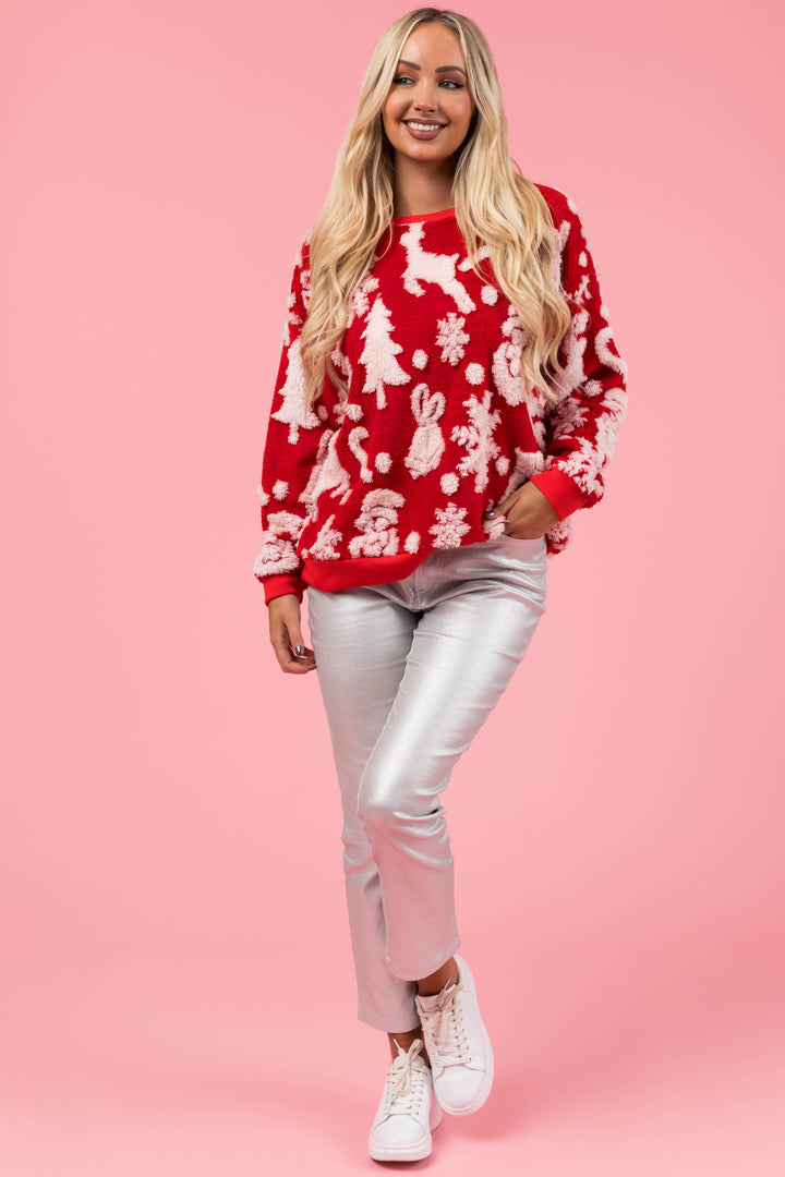 Cranberry Christmas Print Soft Sherpa Pullover