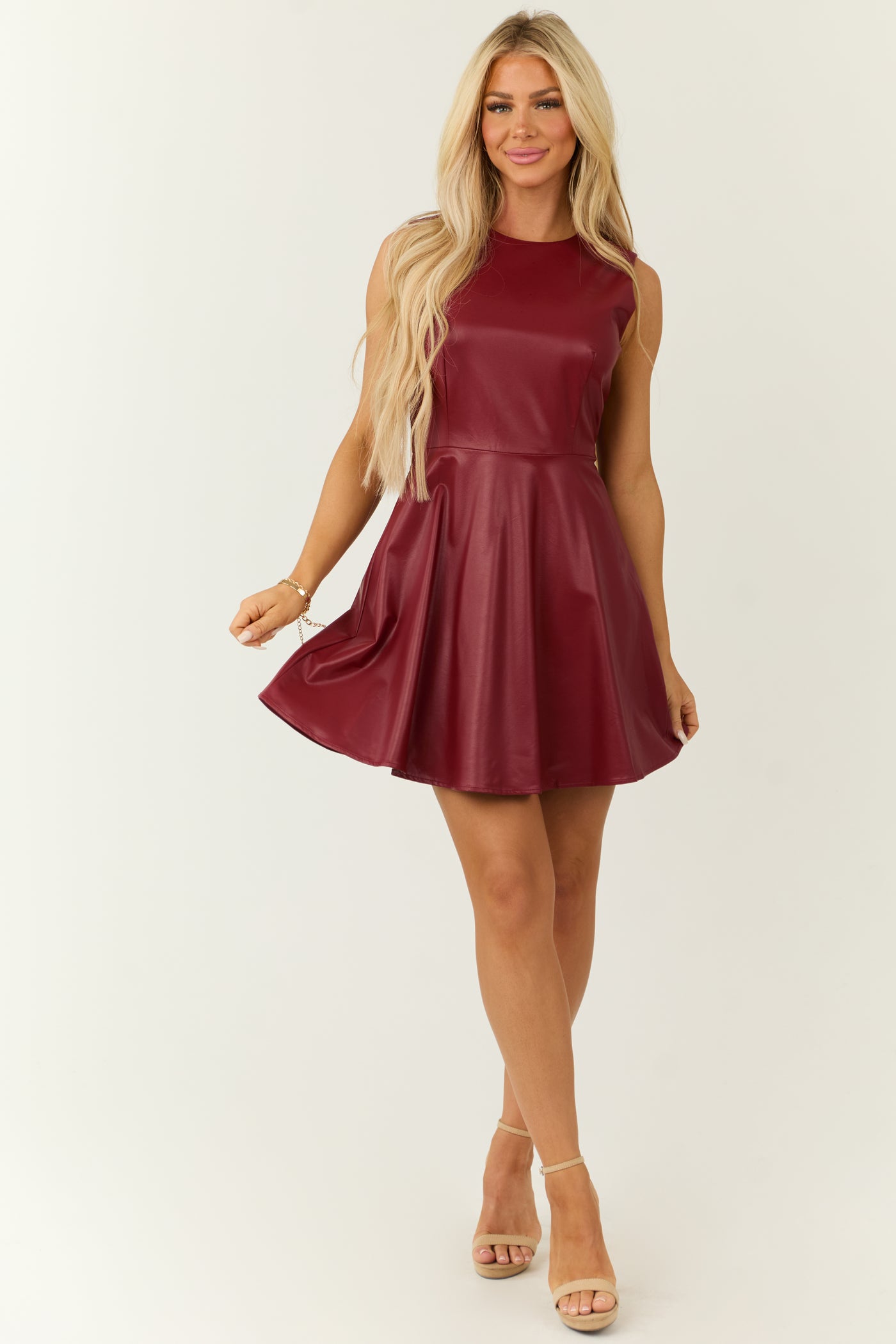 Cranberry Faux Leather Sleeveless Skater Dress Cranberry Faux Leather Sleeveless Skater Dress
