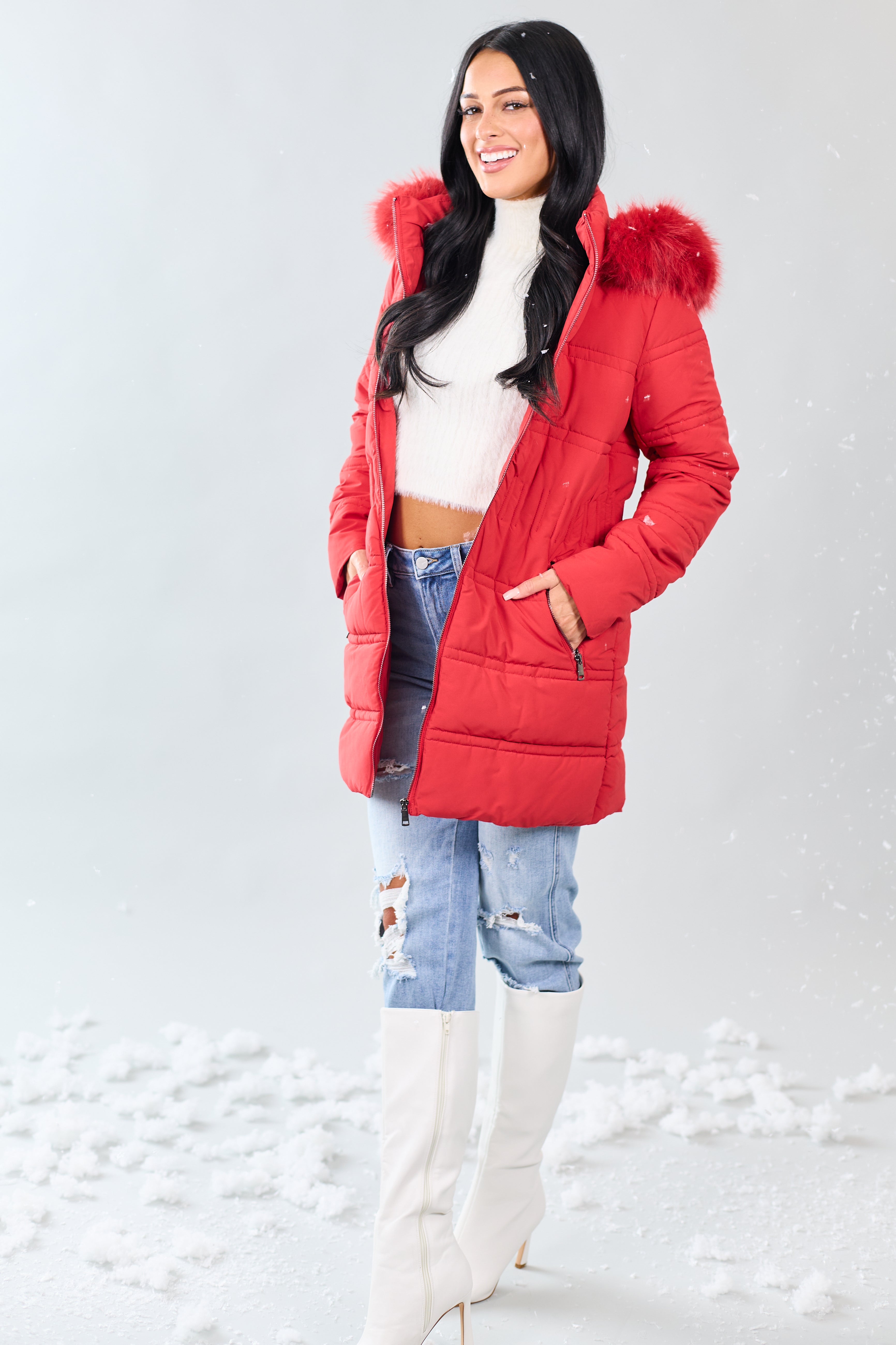 Cranberry Fur Lined Hood Zip Up Long Puffer Coat