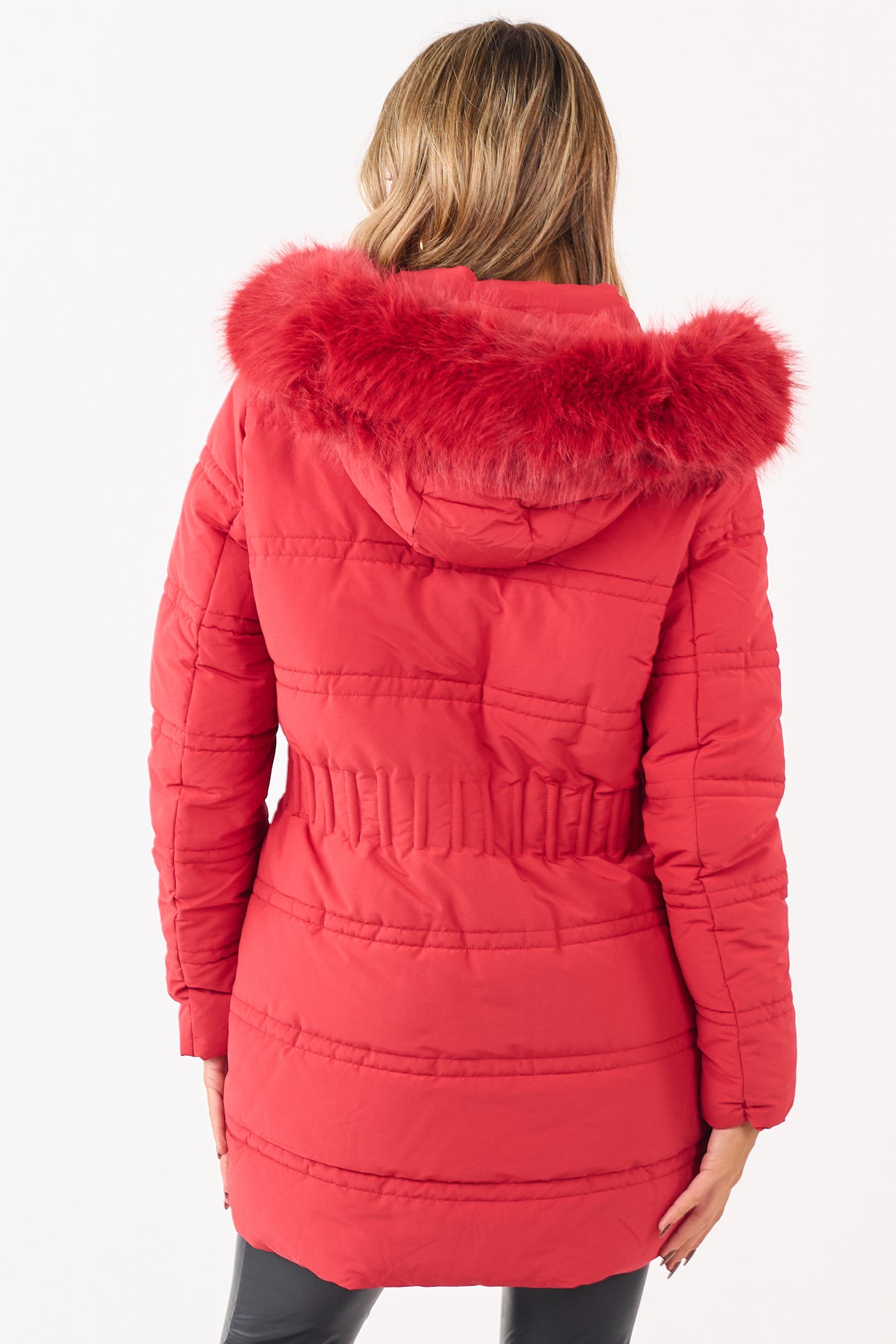Cranberry Fur Lined Hood Zip Up Long Puffer Coat-SHIP