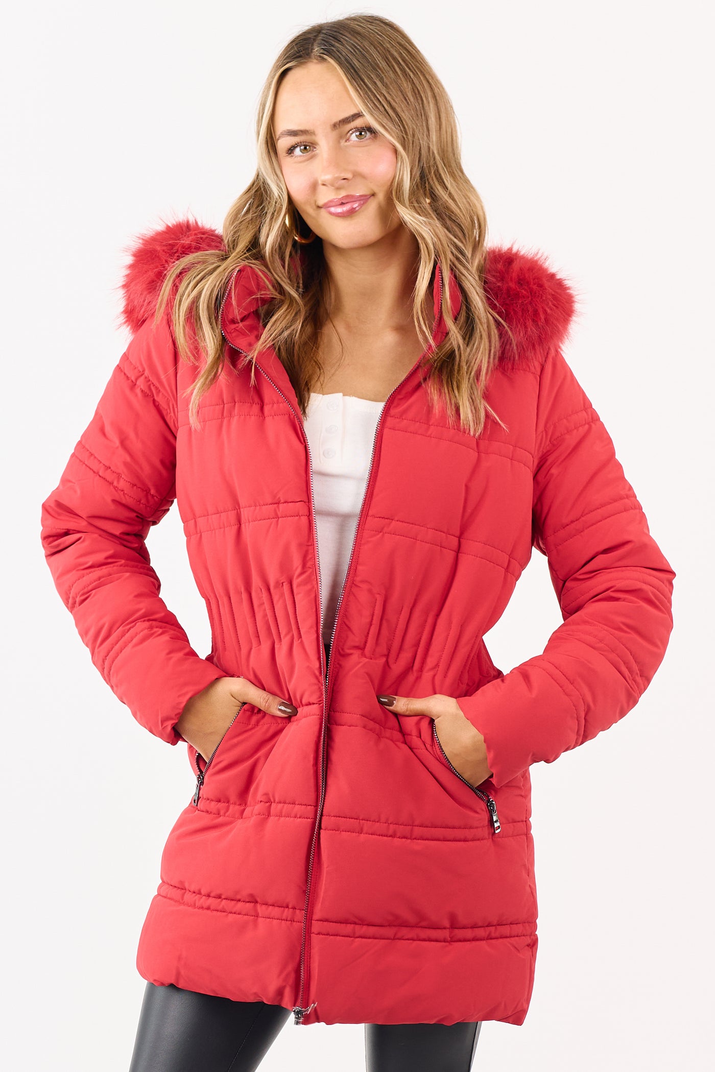 Cranberry Fur Lined Hood Zip Up Long Puffer Coat-SHIP