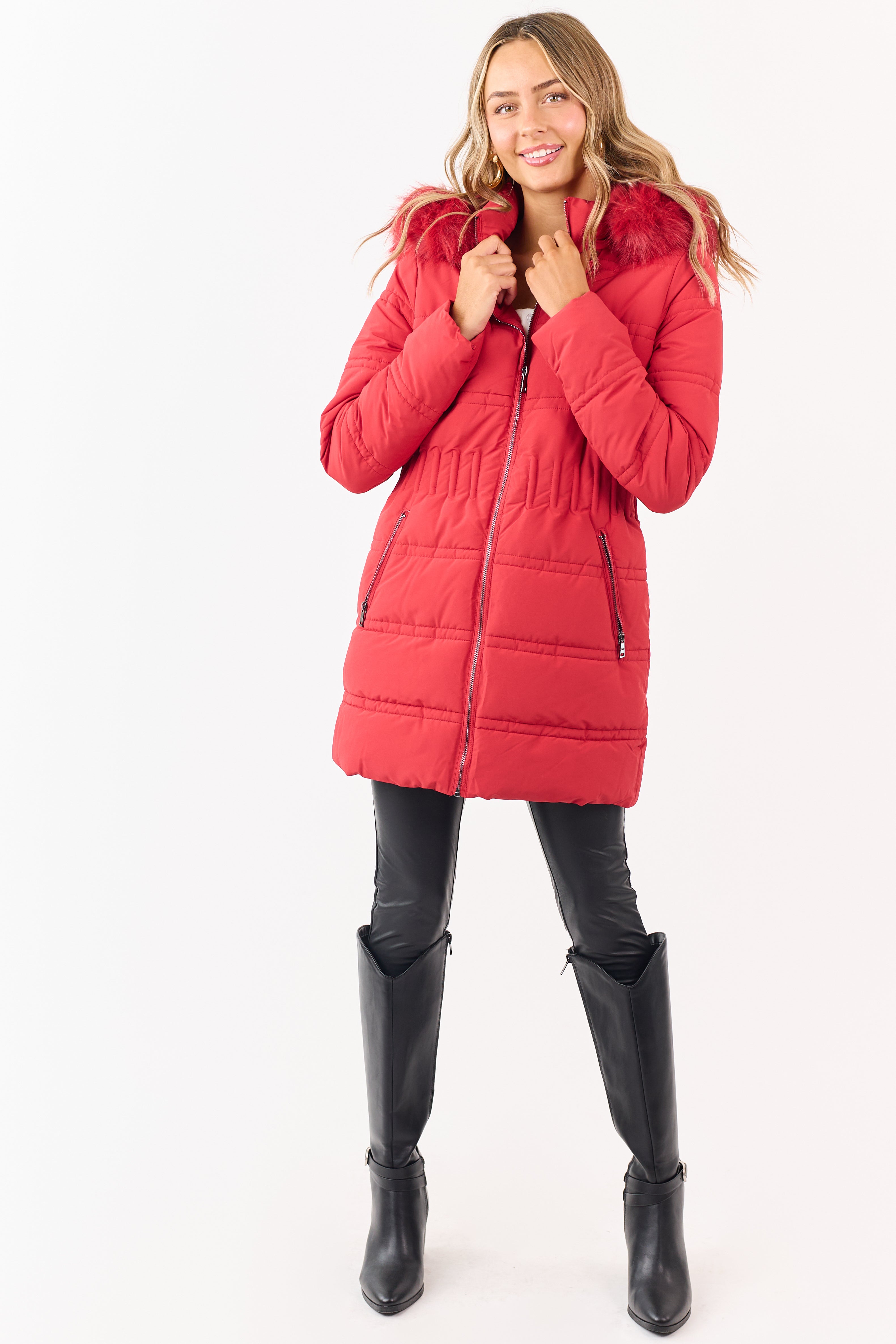 Cranberry Fur Lined Hood Zip Up Long Puffer Coat-SHIP