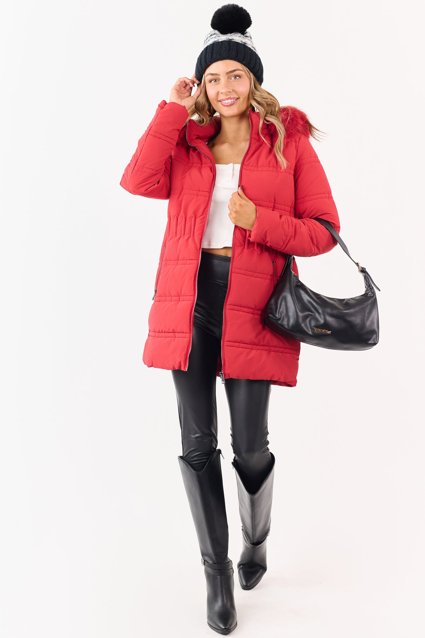 Cranberry Fur Lined Hood Zip Up Long Puffer Coat-SHIP