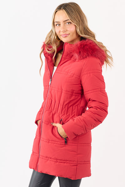 Cranberry Fur Lined Hood Zip Up Long Puffer Coat