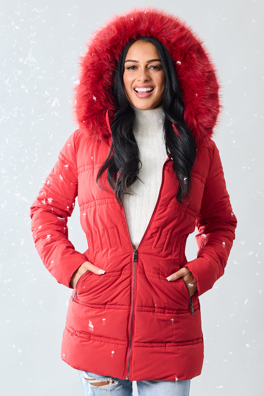 Cranberry Fur Lined Hood Zip Up Long Puffer Coat