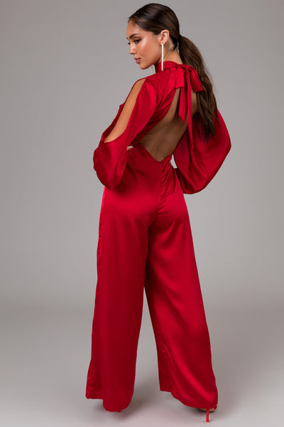 Cranberry Long Sleeves with Slits Jumpsuit