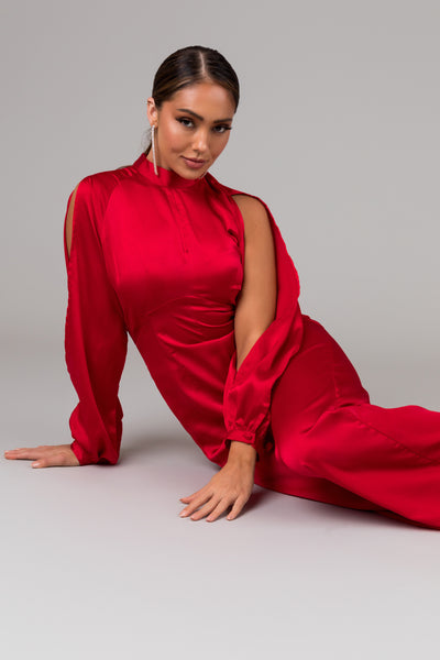 Cranberry Long Sleeves with Slits Jumpsuit