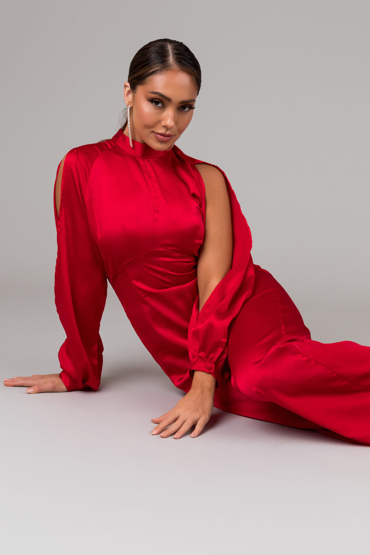 Cranberry Long Sleeves with Slits Jumpsuit