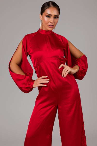 Cranberry Long Sleeves with Slits Jumpsuit
