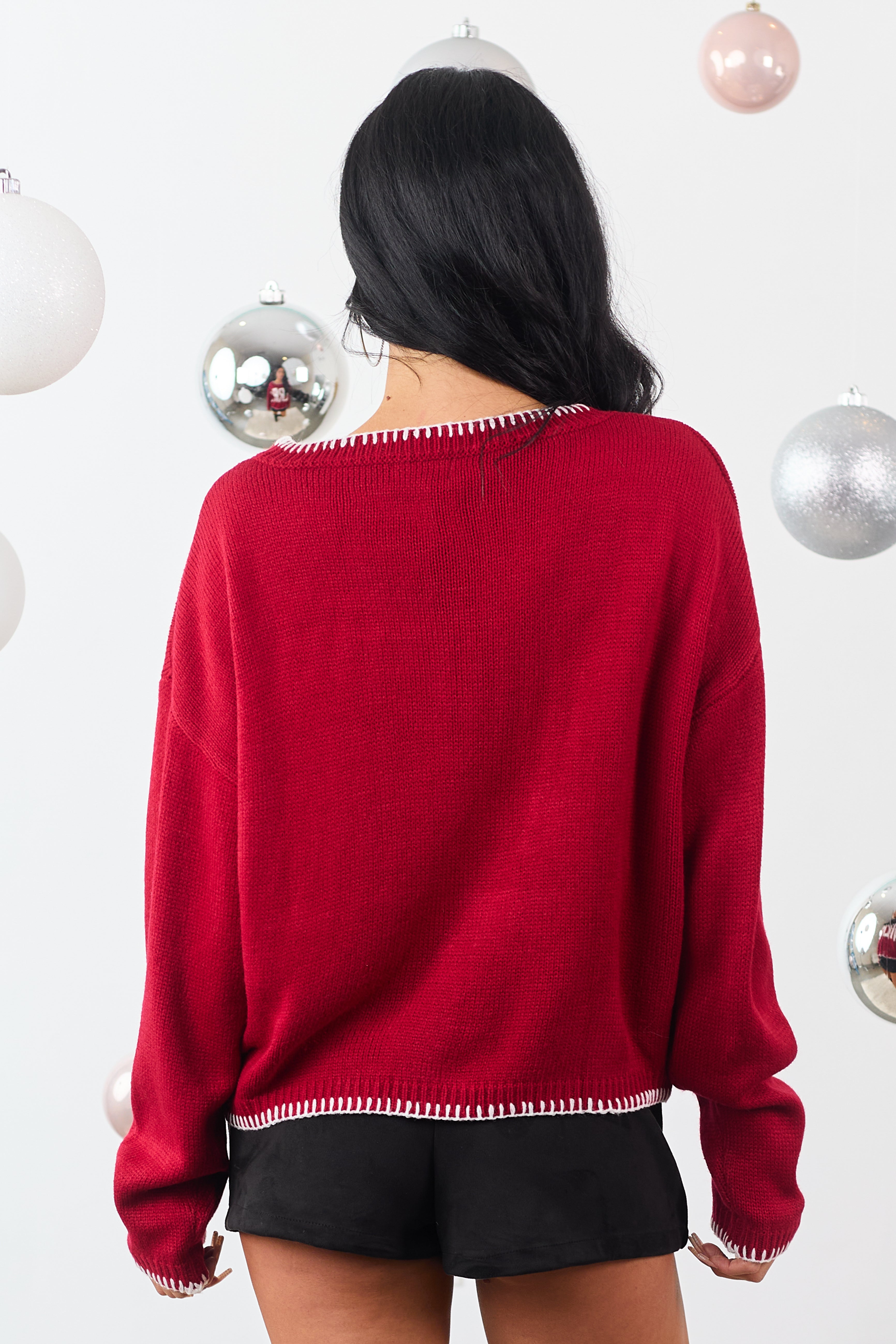 Cranberry 'Merry' Graphic Contrast Stitch Sweater