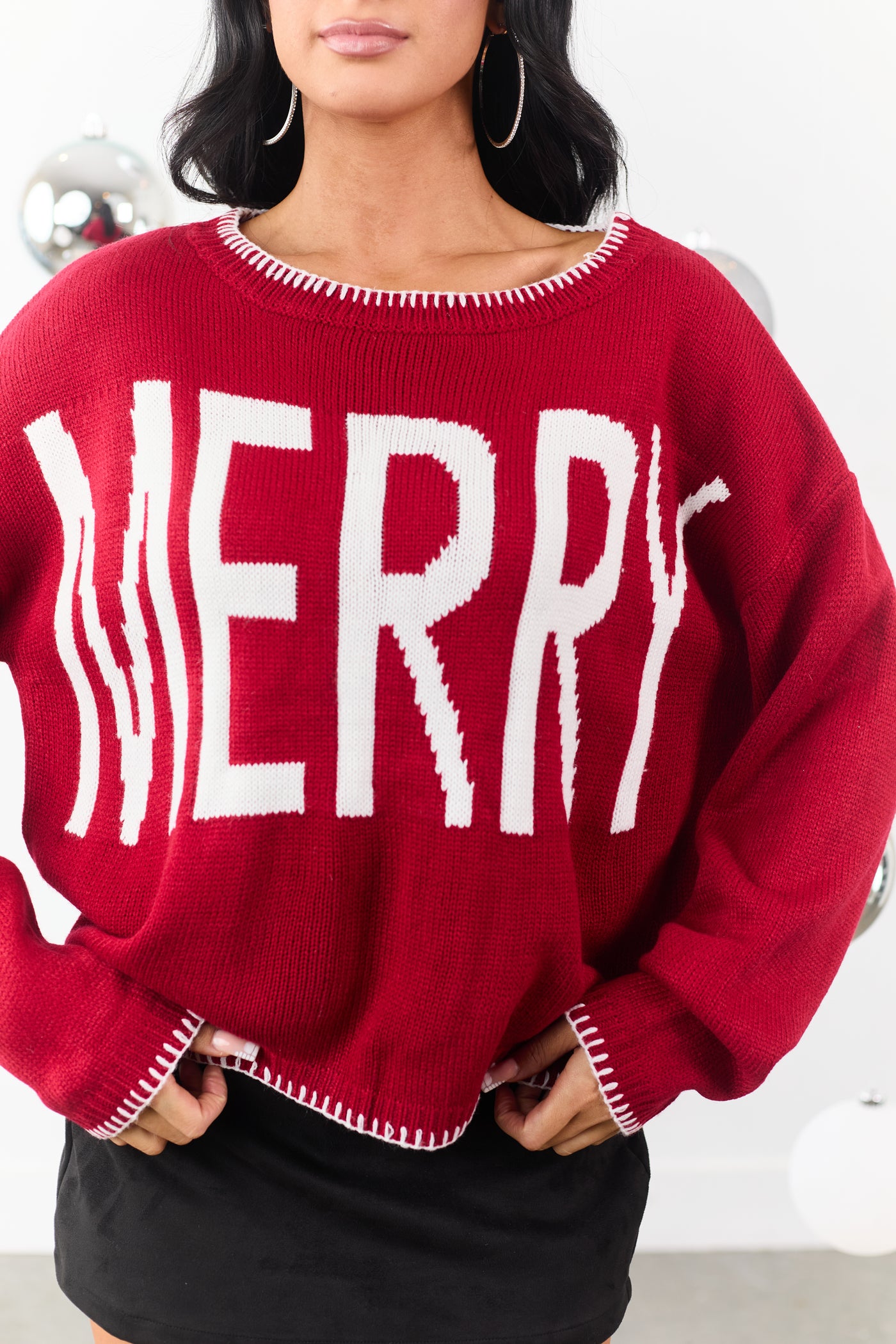 Cranberry 'Merry' Graphic Contrast Stitch Sweater