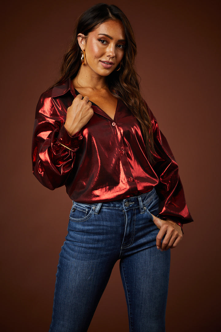 Cranberry Metallic Button Down Collared Blouse