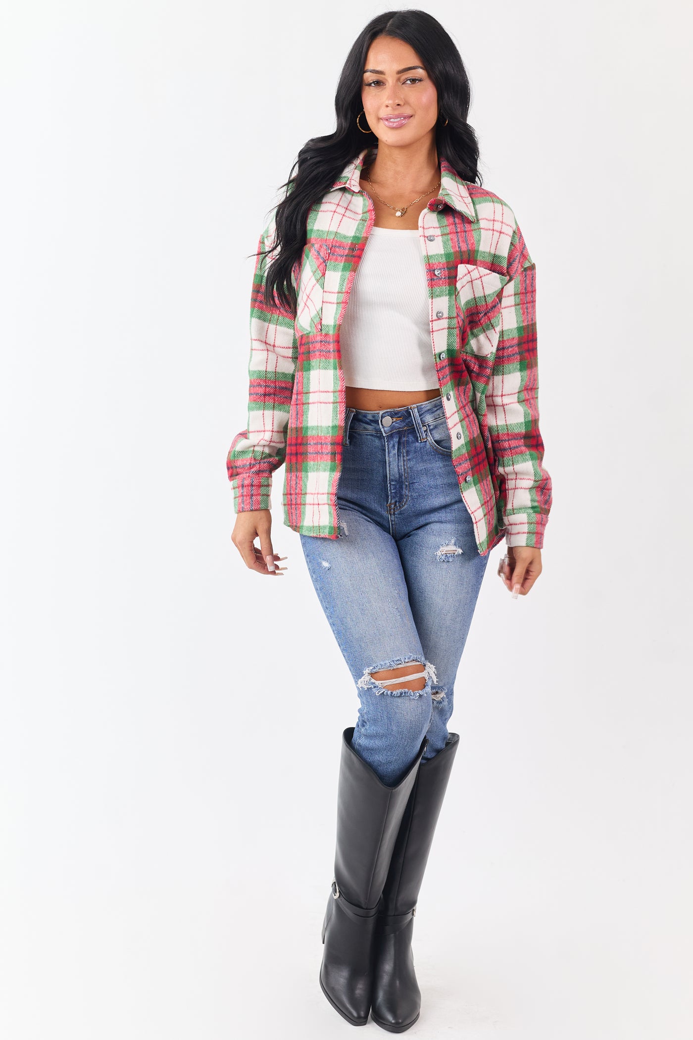 Cranberry Plaid Button Down Flannel Shacket