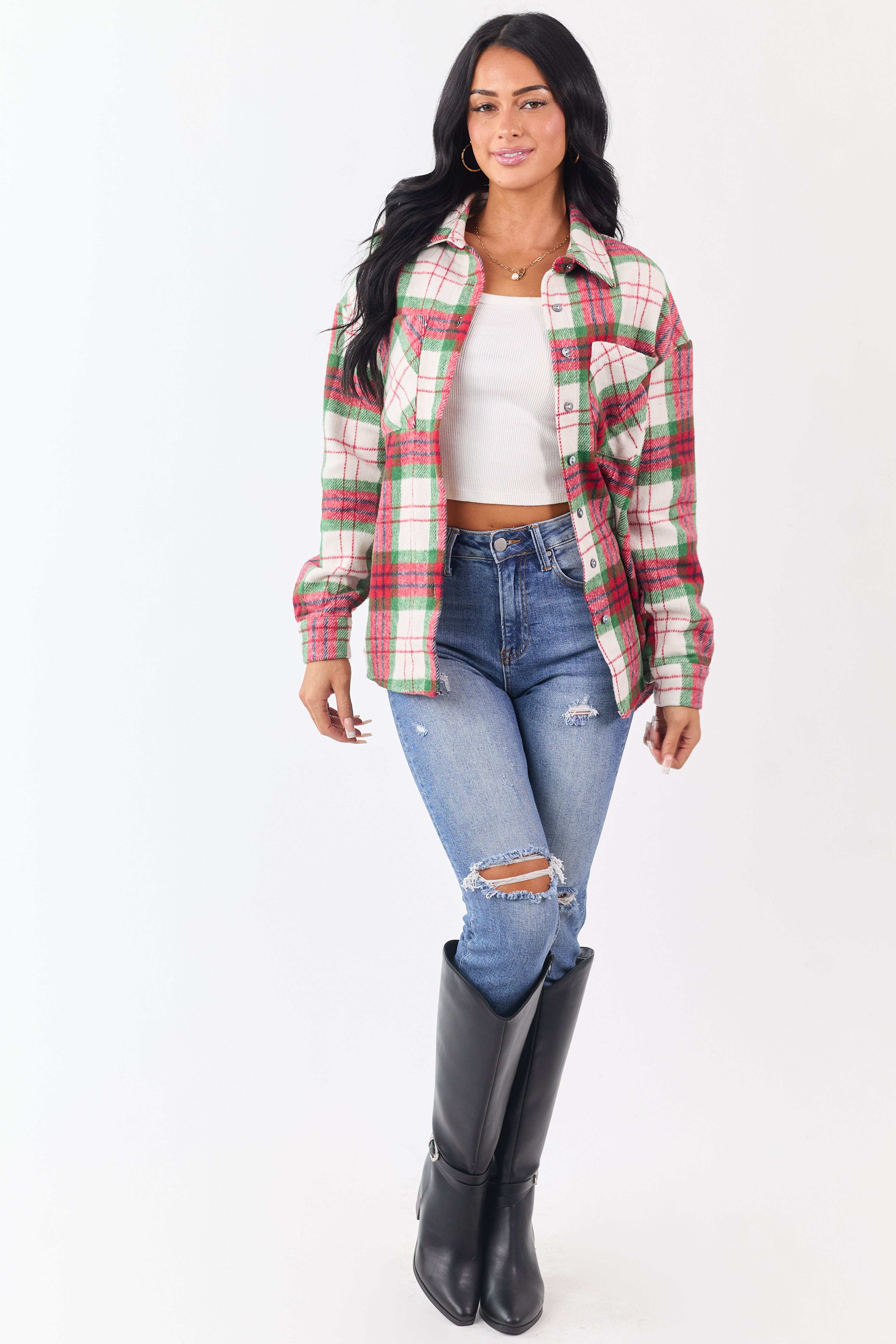 Cranberry Plaid Button Down Flannel Shacket