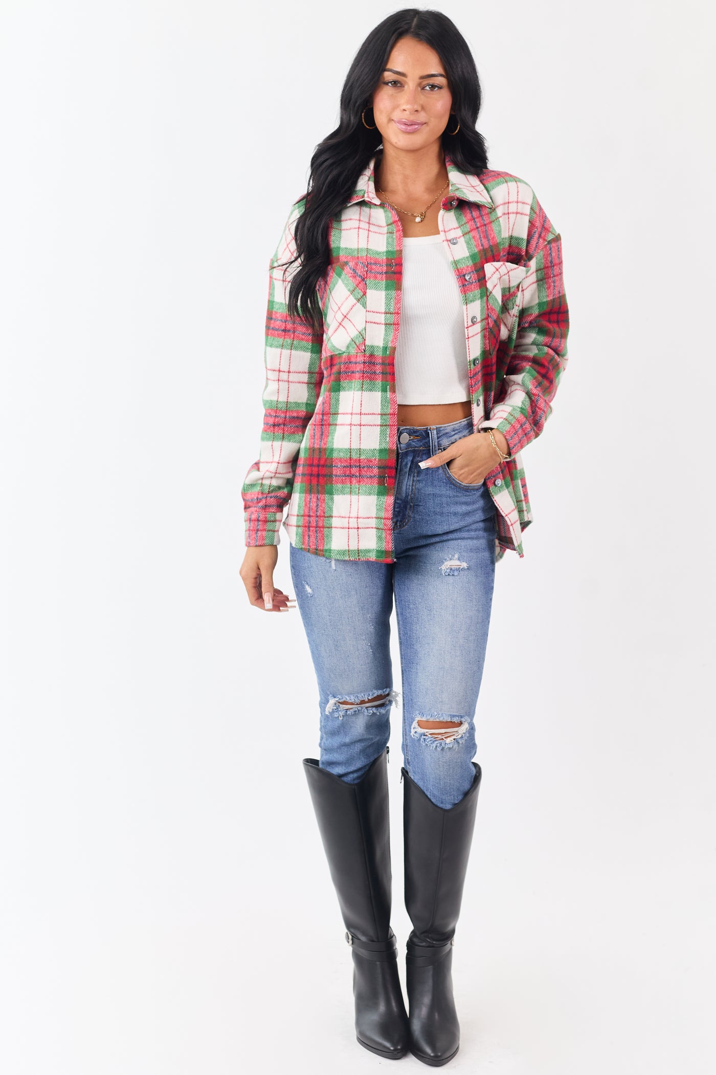 Cranberry Plaid Button Down Flannel Shacket
