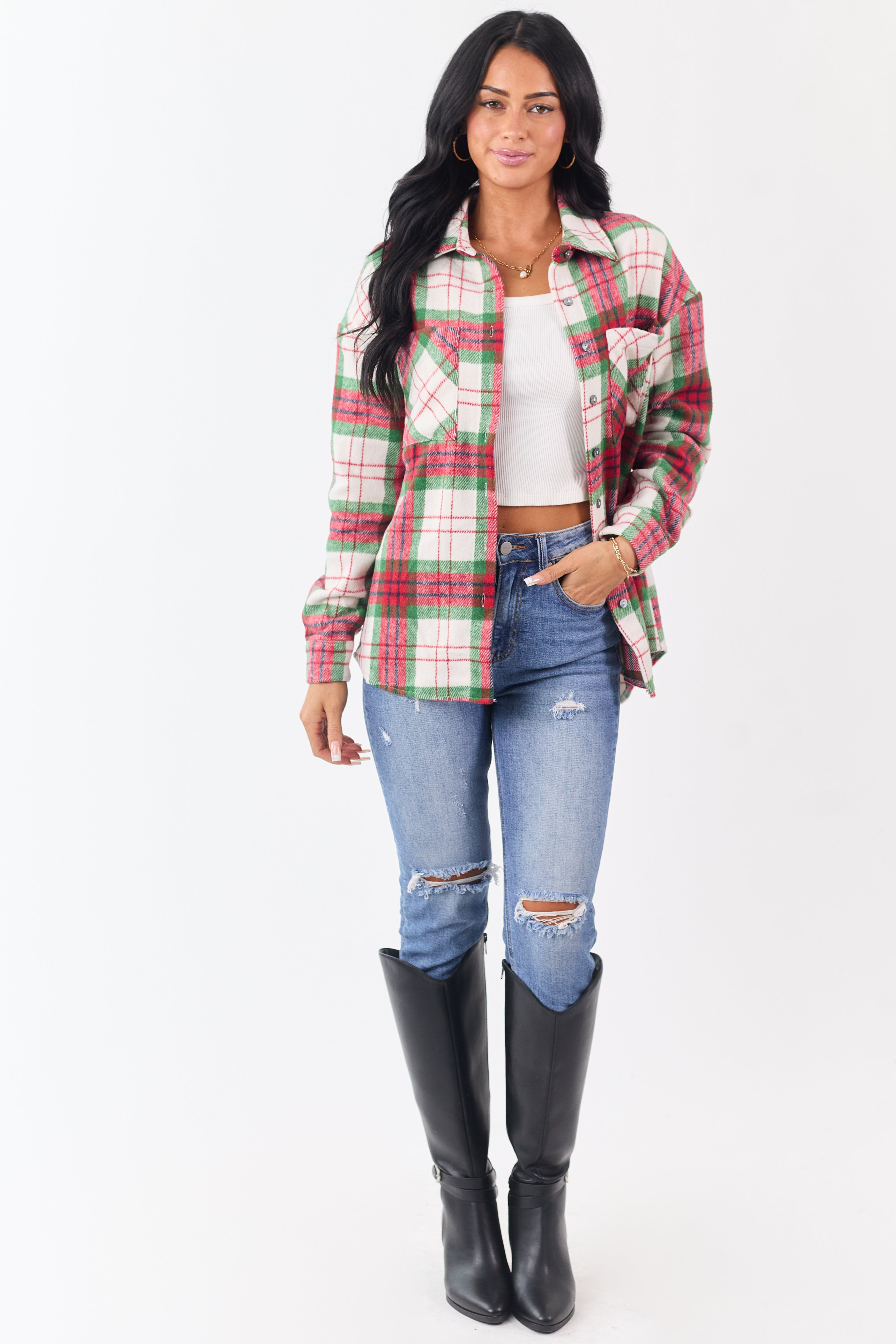 Cranberry Plaid Button Down Flannel Shacket