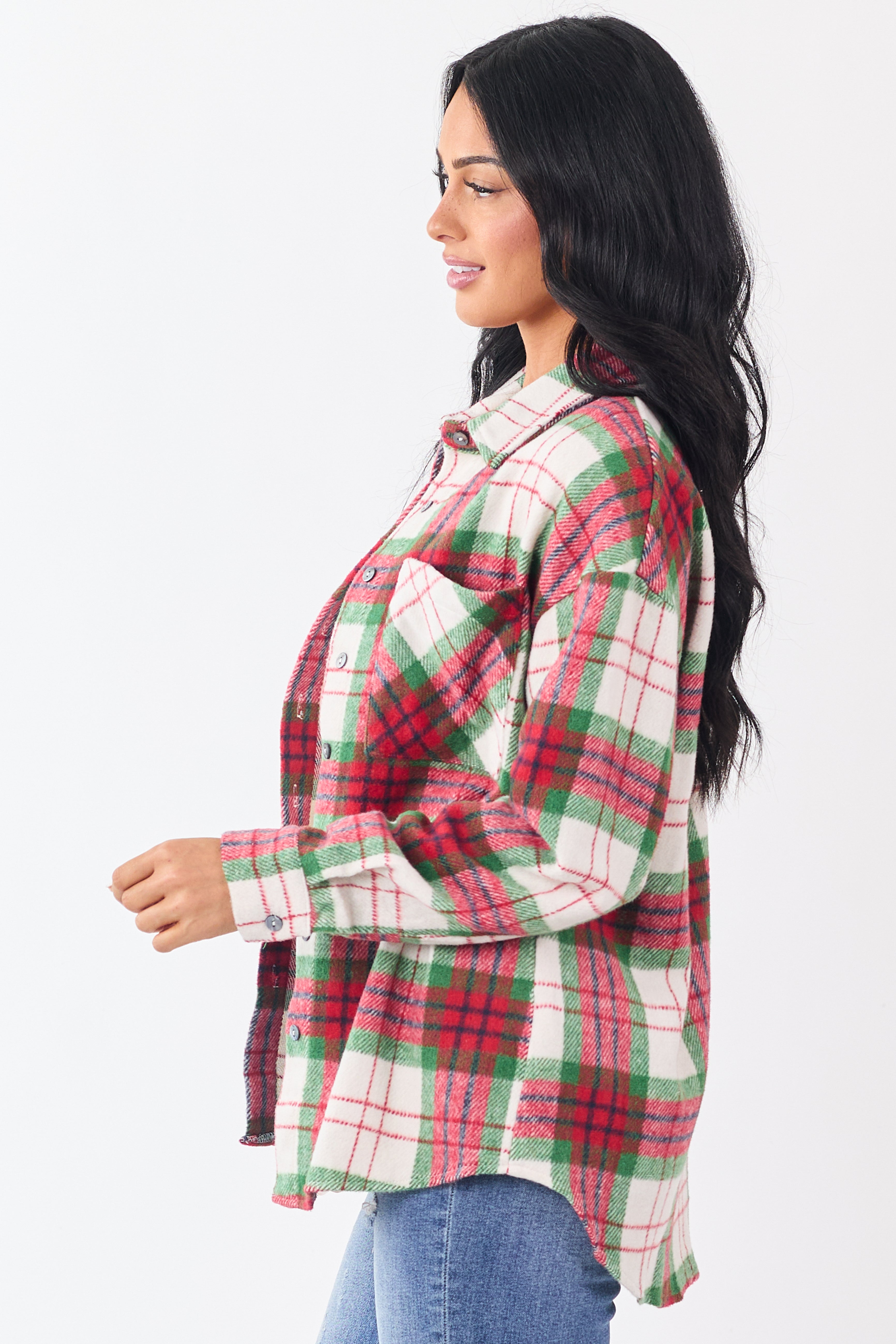 Cranberry Plaid Button Down Flannel Shacket