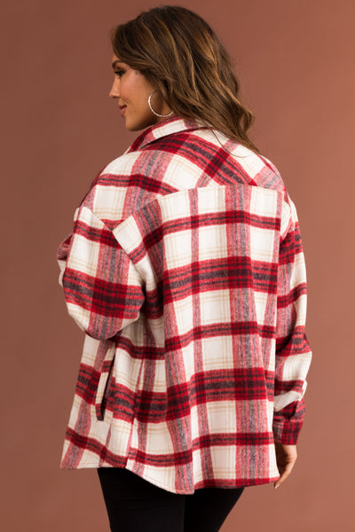 Cranberry Plaid Wool Blend Button Down Shacket