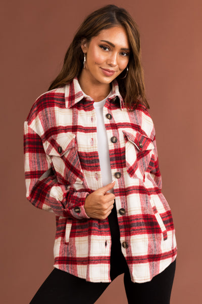 Cranberry Plaid Wool Blend Button Down Shacket
