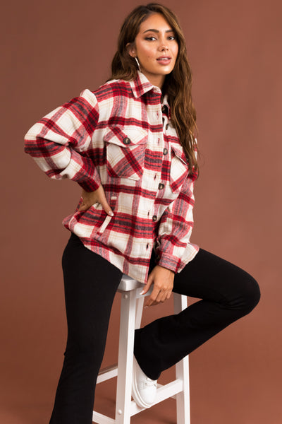 Cranberry Plaid Wool Blend Button Down Shacket