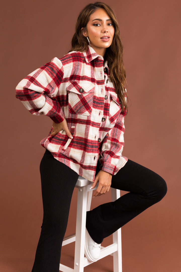 Cranberry Plaid Wool Blend Button Down Shacket