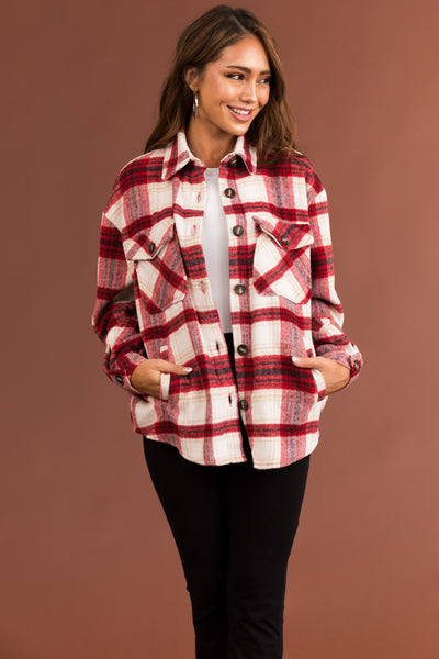Cranberry Plaid Wool Blend Button Down Shacket