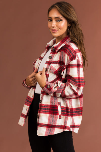 Cranberry Plaid Wool Blend Button Down Shacket