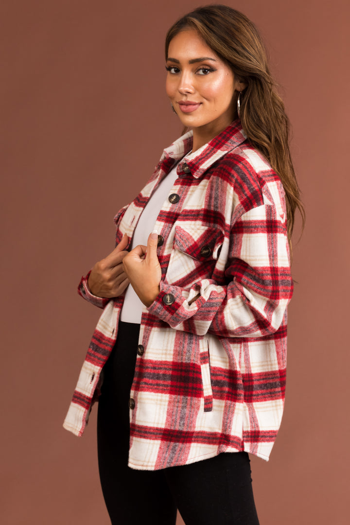 Cranberry Plaid Wool Blend Button Down Shacket