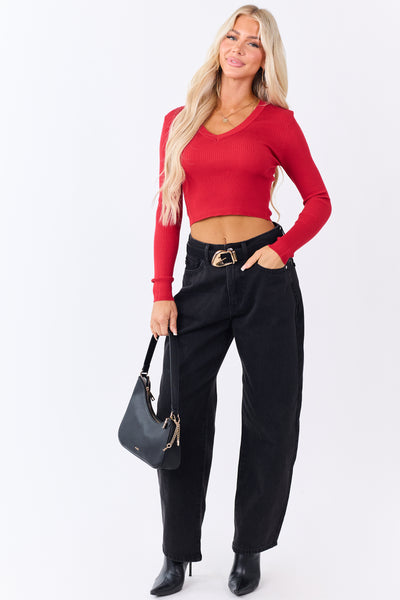 Cranberry Rib Knit V-Neck Cropped Sweater Top