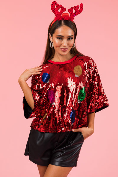 Cranberry Sequined Christmas Lights Top