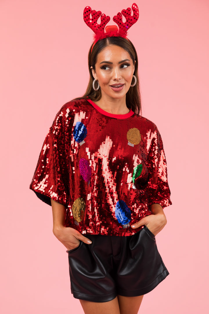 Cranberry Sequined Christmas Lights Top