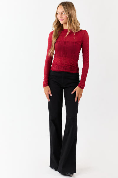 Cranberry Sheer Mesh Textured Long Sleeve Top