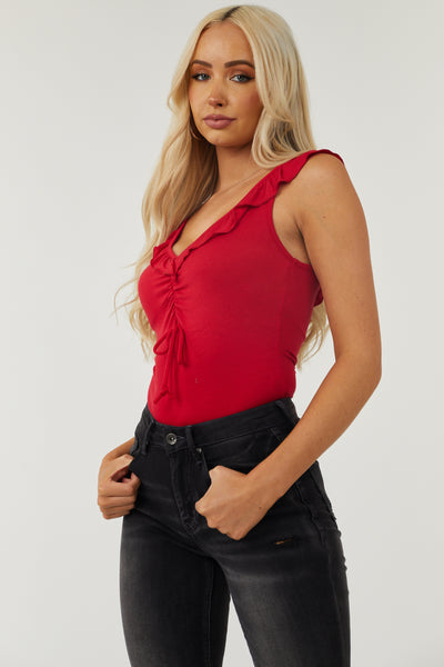 Cranberry Sleeveless Ruffle Detail Bodysuit
