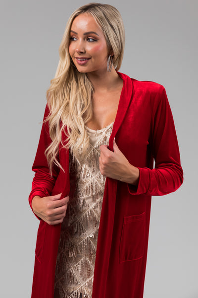 Cranberry Velvet 3/4 Sleeve Open Front Cardigan