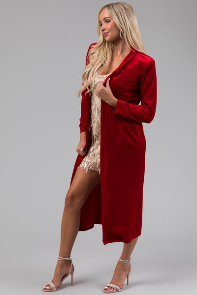 Cranberry Velvet 3/4 Sleeve Open Front Cardigan