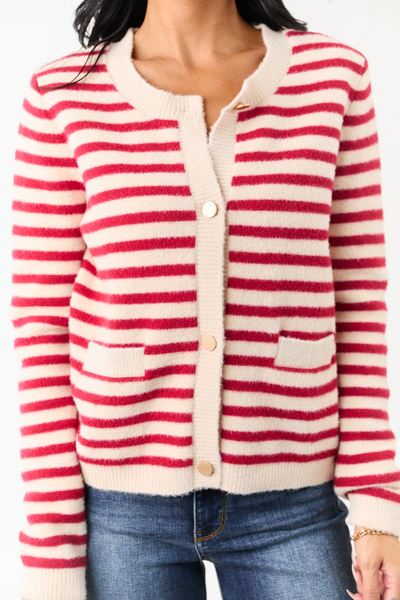 Cranberry and Champagne Striped Button Up Cardigan