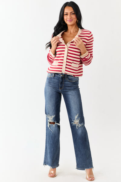 Cranberry and Champagne Striped Button Up Cardigan