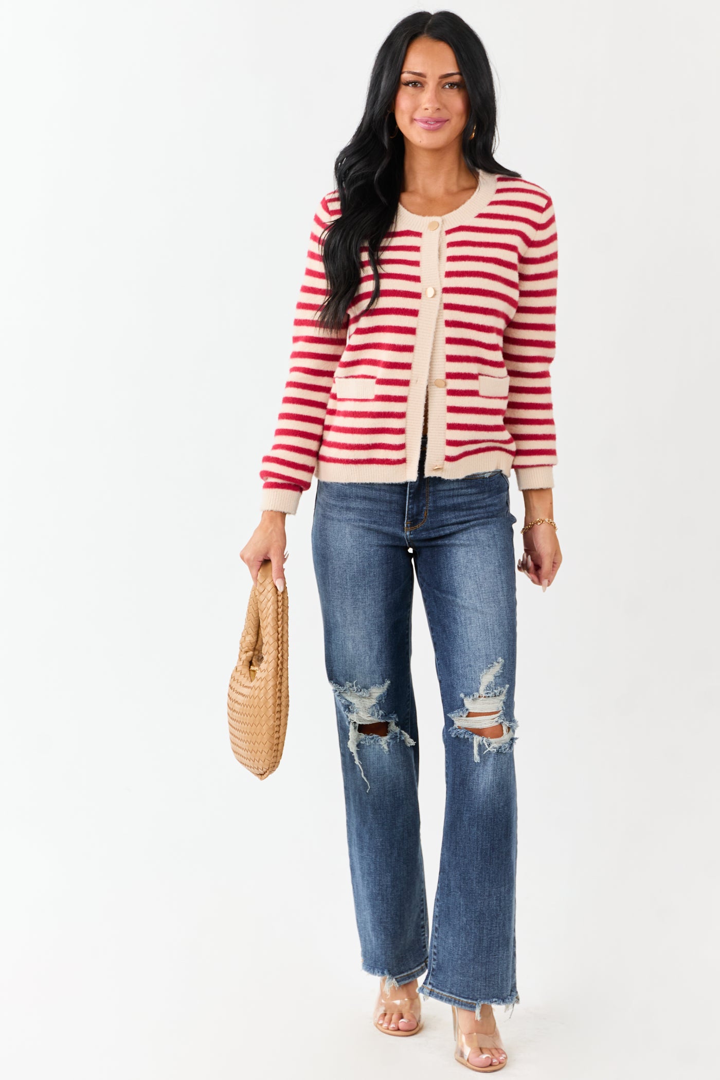 Cranberry and Champagne Striped Button Up Cardigan