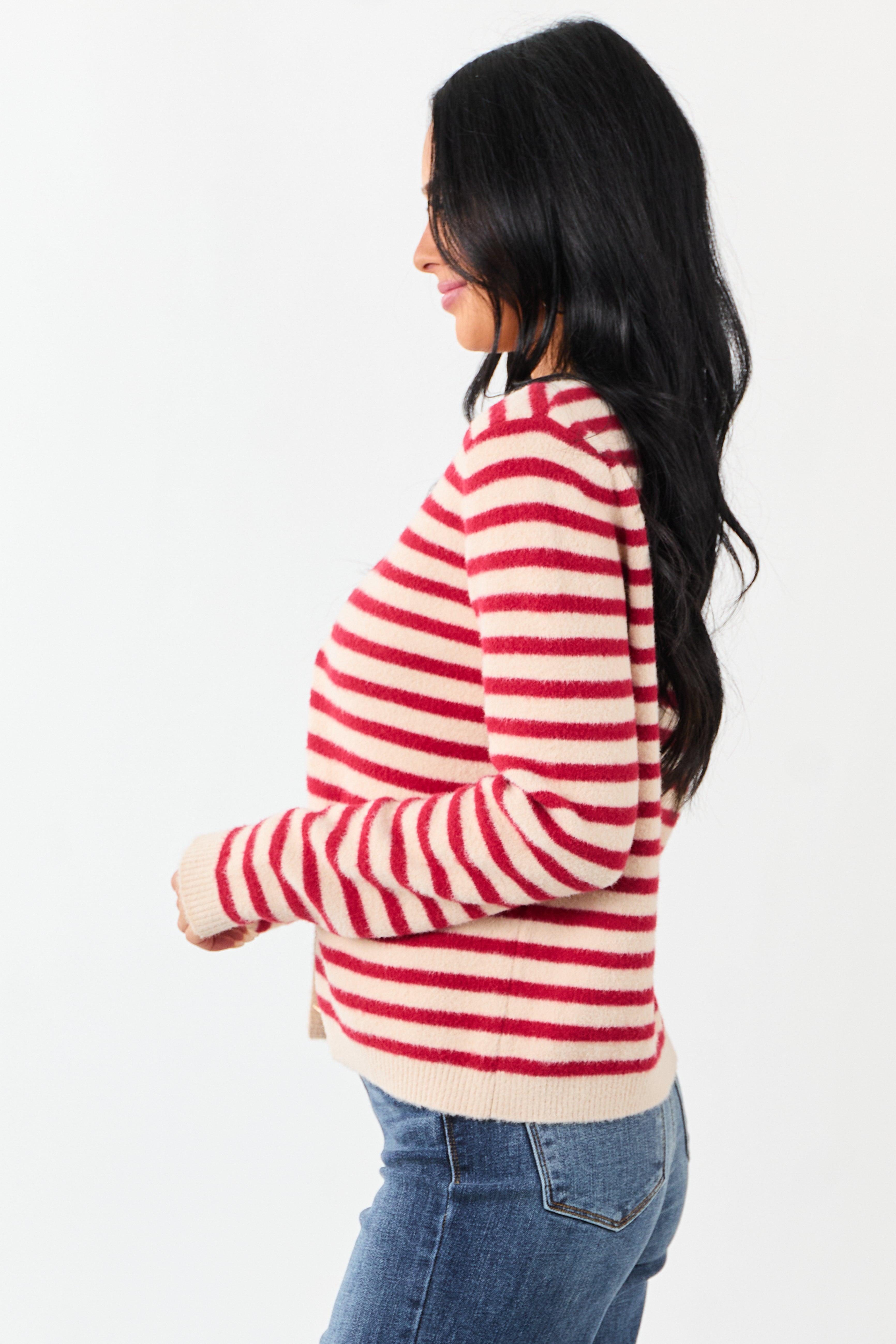 Cranberry and Champagne Striped Button Up Cardigan