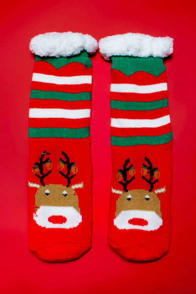 Cranberry Rudolph Striped Thick Sherpa Socks