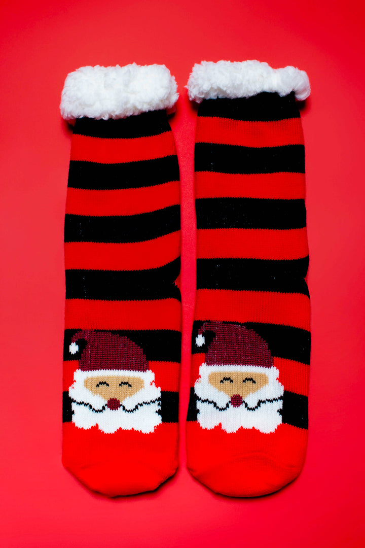 Cranberry Striped Santa Thick Sherpa Socks