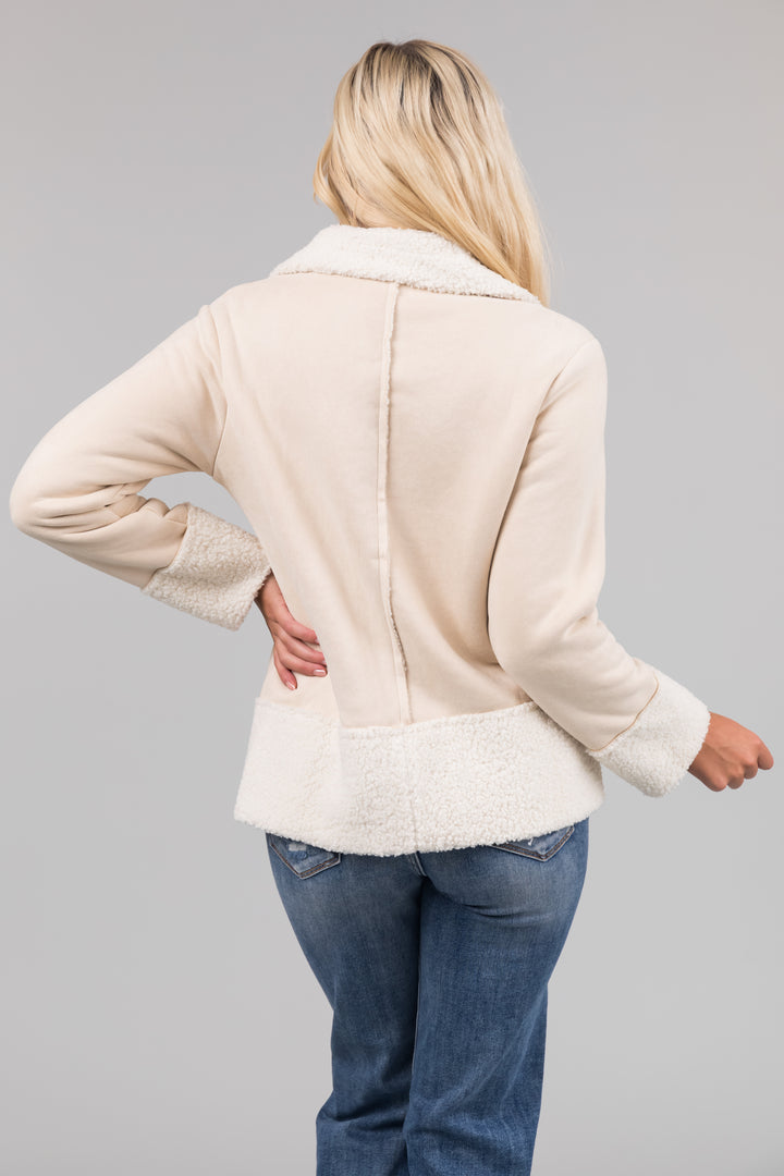 Cream  Faux Wool and Suede Button Up Jacket