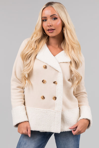 Cream  Faux Wool and Suede Button Up Jacket