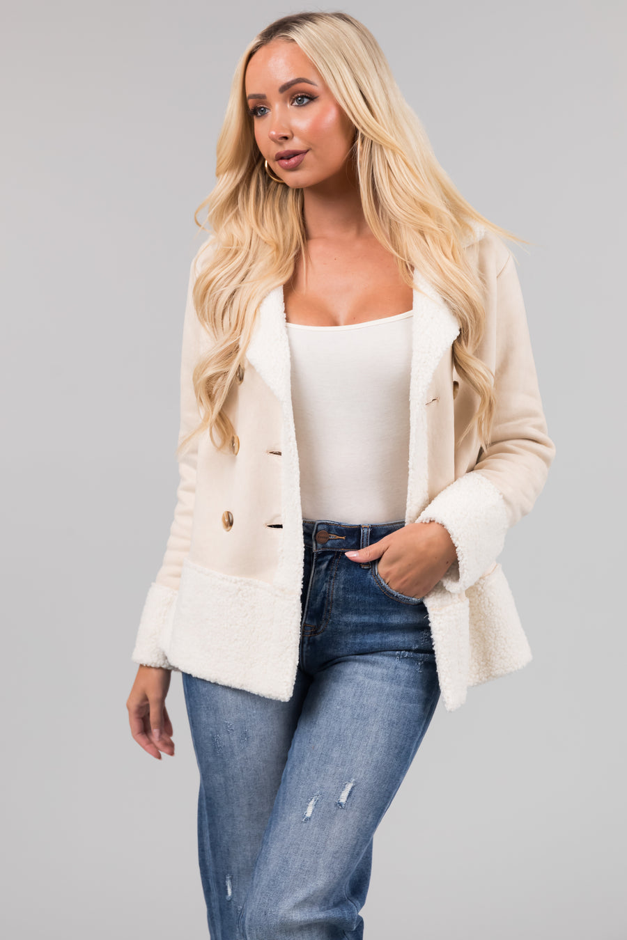 Cream  Faux Wool and Suede Button Up Jacket